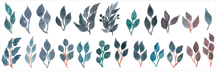 Set watercolor leaves. Watercolor hand drawn for wedding invitation card, frame and wreath. Botanical spring summer leaf illustration isolated on white background. 