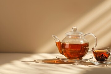 Freshly brewed organic black tea in transparent glass teapot and in glass clear teacup on beige background, selective focus. Tea with space for text