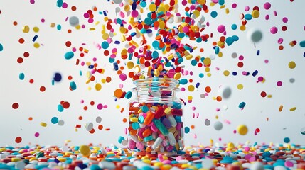 Multi-colored pills, spilling out of a clear bottle, forming a lively and chaotic pattern on a white background