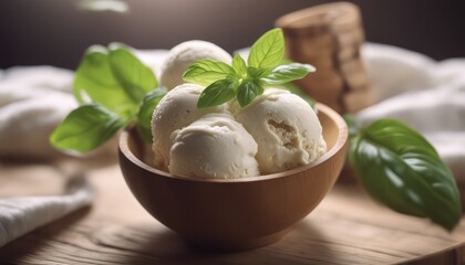 Close up of fresh ice cream in a wooden bowl