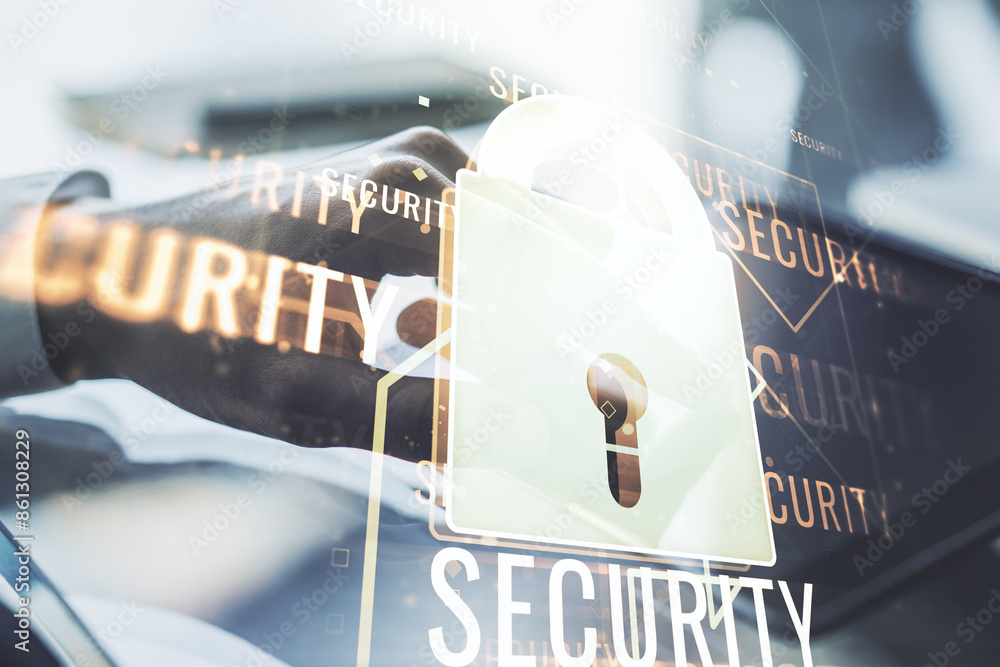 Poster creative lock illustration with microcircuit and finger presses on a digital tablet on background, c
