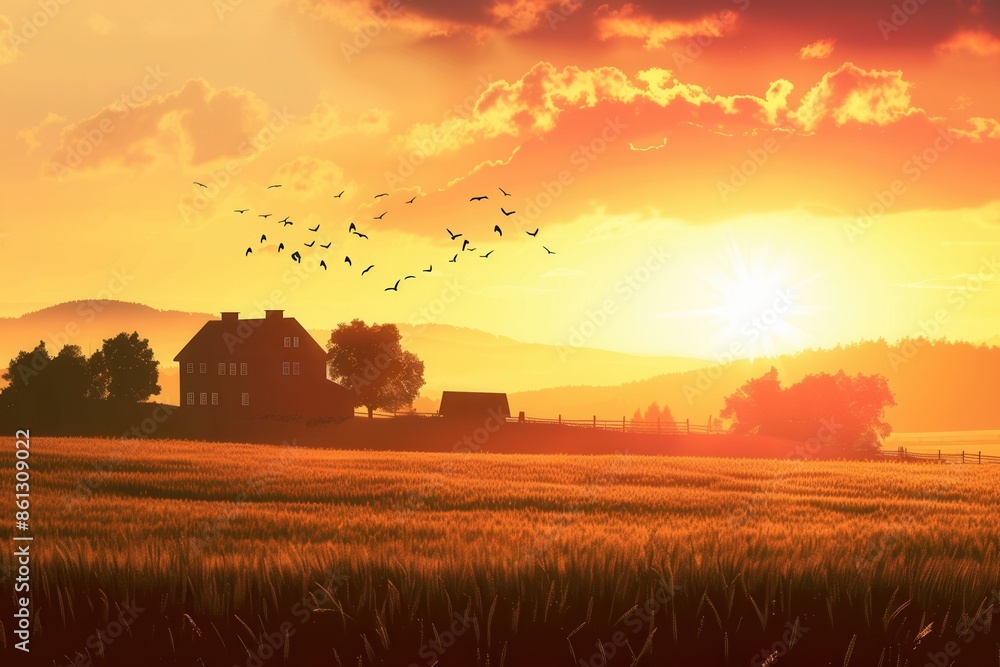 Poster a picturesque sunset illuminates rolling fields and a farmhouse silhouette, creating a tranquil and 