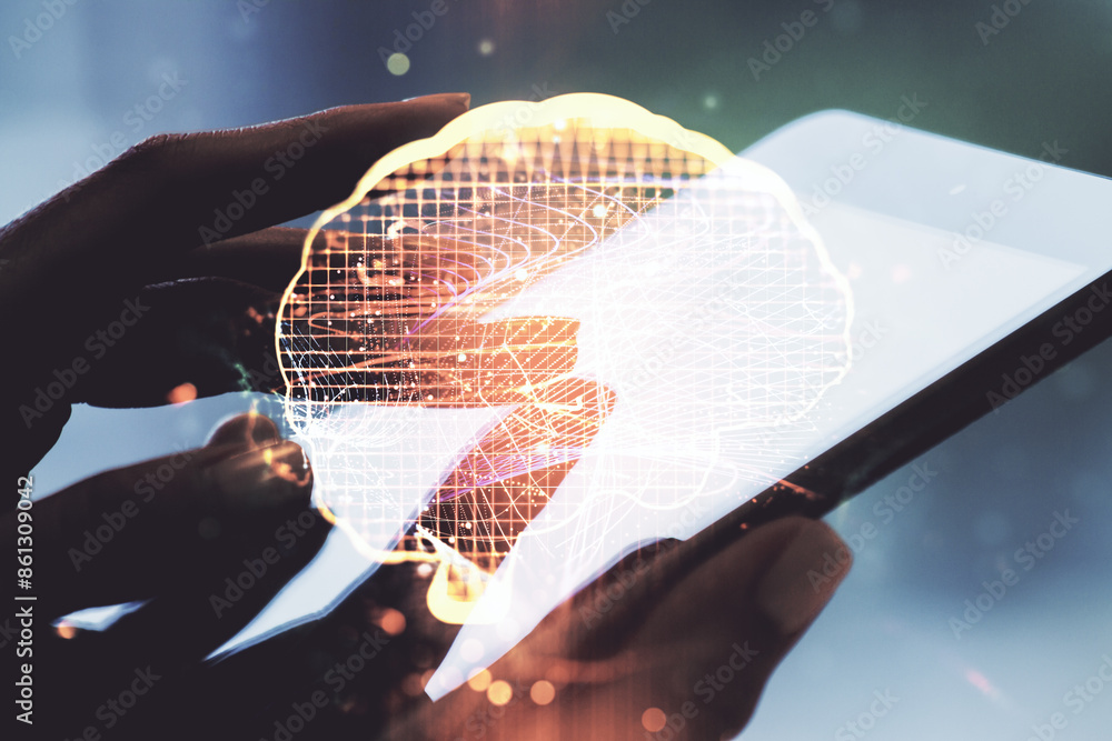 Aufkleber double exposure of creative artificial intelligence symbol with finger clicks on a digital tablet on