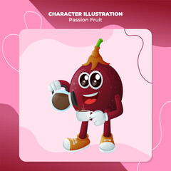 Cute passion fruit character pouring coffee