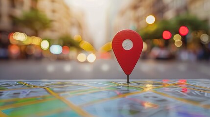 Close-up of a map with a red pin in an urban setting with blurred lights in the background