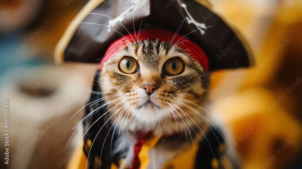 Poster A cat in a pirate costume looks directly at the camera with wide eyes.