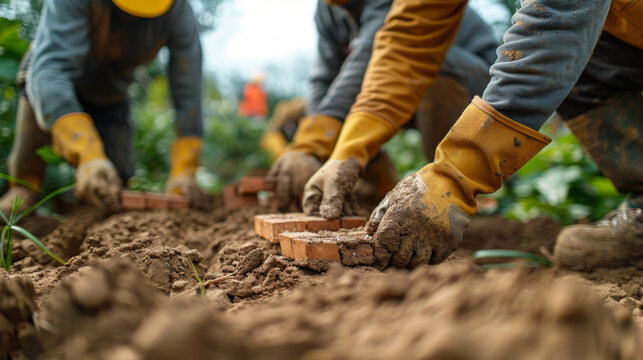 Close-up of bricklayers laying bricks and working on a construction site, emphasizing teamwork and manual labor.