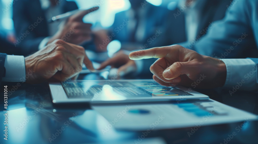Aufkleber close-up of hands pointing at a digital tablet during a business meeting, focusing on data and teamw