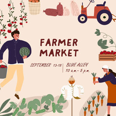 Harvest festival square colorful poster , advertisement of seasonal agricultural event, local market, local eco products. Place for text.