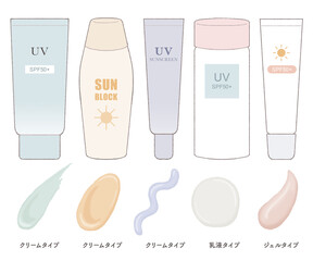 日焼け止め5種類 クリームタイプ、乳液タイプ、ジェルタイプ