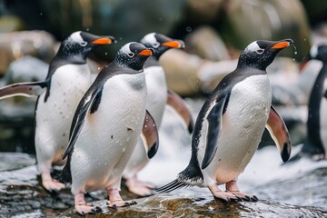 Obraz premium Gentoo penguins arriving to their home colony