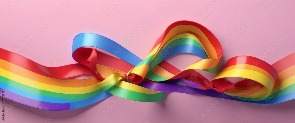 Wall mural ribbon laces on rainbow background top view banner with copy space