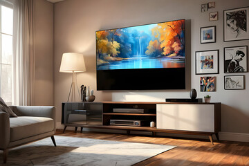 Interior of stylish room with modern TV stand near light wall