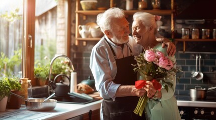 The elderly couple with flowers