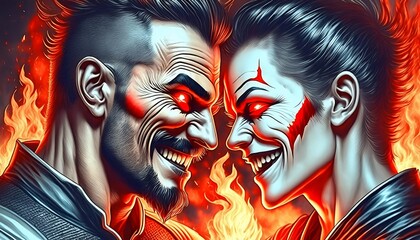 Naklejka premium Understanding with the devil, evil persuasion, moral seduction. The devil whispers in man's ear and leads him onto the path of sin. Two figures in the foreground. Generated image