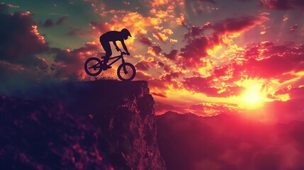 Low-angle jump of a BMX rider silhouetted against a stunning mountain sunset