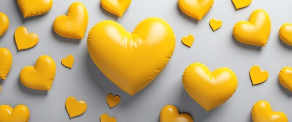 yellow heart shape pillow plain background top view banner with copy space