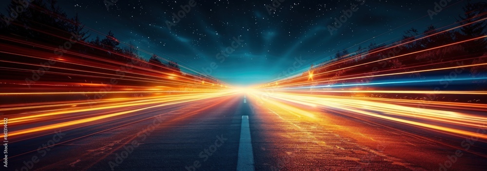 Poster Long Exposure of a Road at Night with Stars and Light Trails