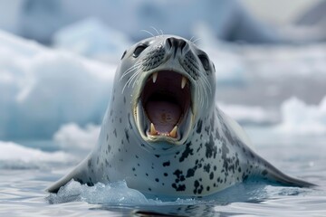 Leopard seal shoes off it's impressive teeth as it opens it's massive jaw while resting on an iceberg, Antarctica