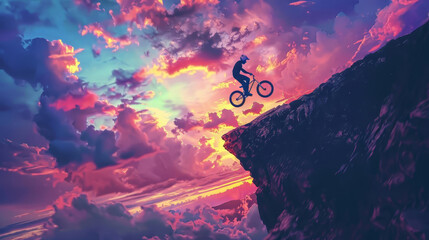 Obraz premium Low-angle silhouette of a man soaring with a BMX bike above a mountain precipice