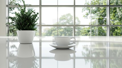 A close-up of a white table in a modern office space with a coffee cup, a plant, and a white chair in the background