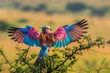 Fototapeta premium Lilac Breasted Roller bird flexing its wings in Maasai Mara.