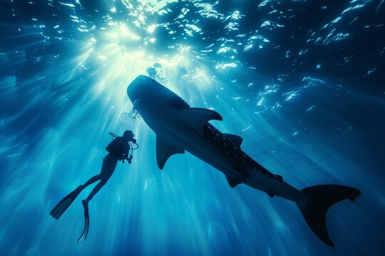 Looking up at a whale shark silhouetted against the surface with a woman snorkeler swimming beside