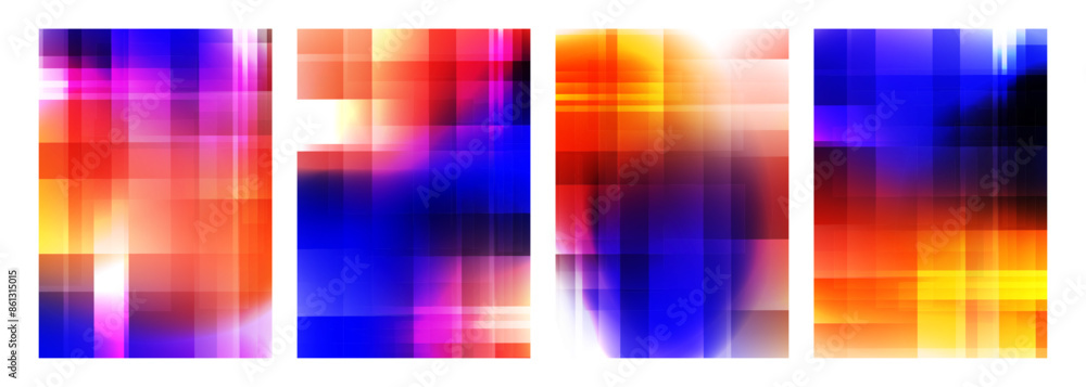 Aufkleber Bright colored blurred abstract backgrounds with vertical and horizontal dynamic lines. Glitch effect. Futuristic defocused vibrant color gradients for creative graphic design. Vector illustration.
