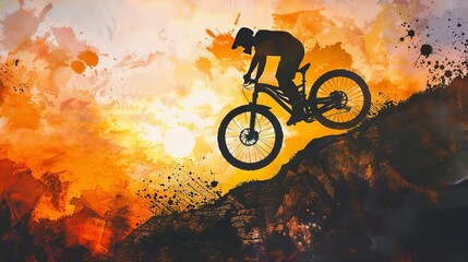 Silhouetted man on a mountain bike, caught in mid-jump from a low-angle perspective, set against the warm, golden tones of the sunset, watercolor style for a dreamy, artistic feel
