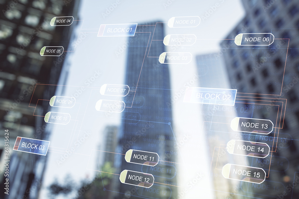 Poster multi exposure of abstract creative coding sketch on office buildings background, artificial intelli
