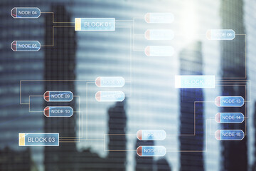 Abstract virtual coding concept on office buildings background. Multiexposure