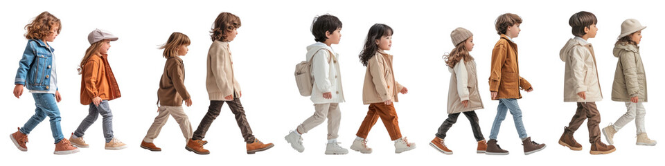 Diverse kids walking full body set