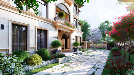 Fototapeta premium Beautifully designed contemporary home featuring a lush well manicured garden a charming entryway with intricate architectural details and a warm