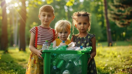 Children with Recycling Bin
