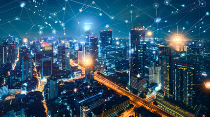 Captivating nighttime aerial view of a thriving metropolitan city skyline with towering futuristic skyscrapers illuminated transportation networks and a bustling digital infrastructure