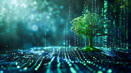 Futuristic digital landscape featuring a glowing tree as a symbol of sustainable innovation and technology driven growth in the modern digital economy