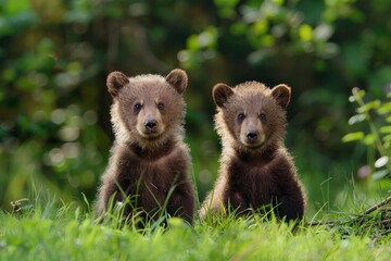 Fototapeta premium One cute cub is sitting and his brother is standing in the grass both with face forward