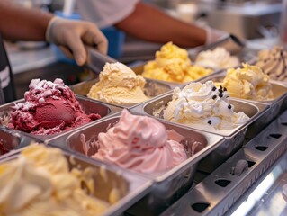 Obraz premium A variety of colorful ice cream scoops in a display case. A hand reaches in to grab a scoop. The ice cream shop is open for business.