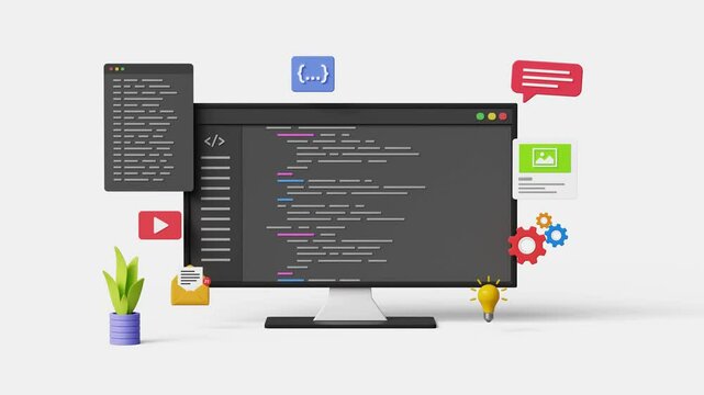 Software development coding process. Application program or code on 3d computer. 4k 3d animation