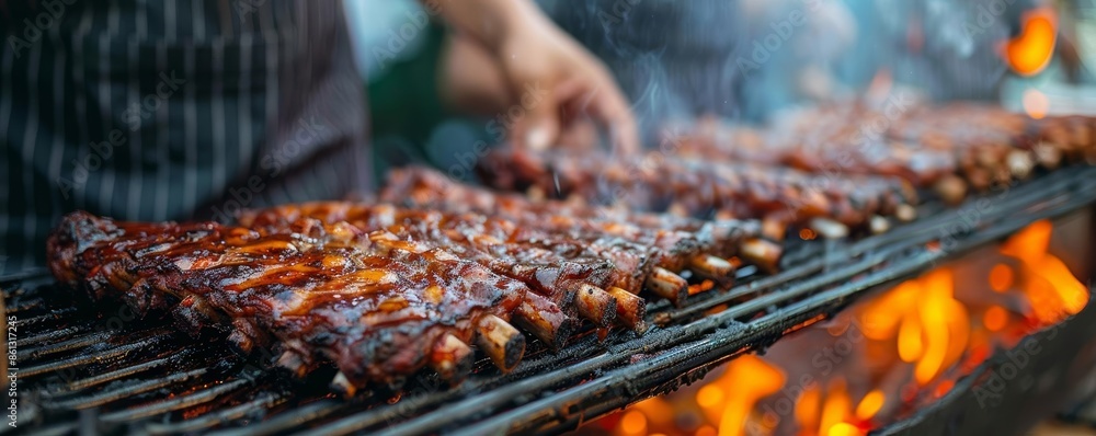 Wall mural Close-up of juicy ribs grilling over hot coals.