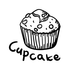 Doodle illustration with a picture of a cupcake, a black outline, and a sweet name cupcake. The image is handmade with different line thicknesses. Contour illustration for baking in cafes, bakeries,