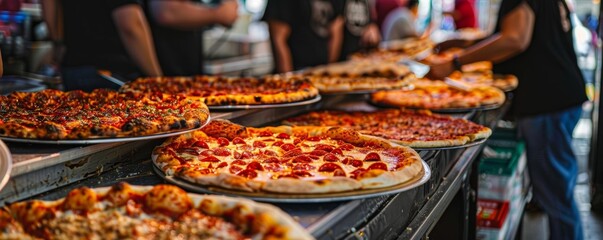 Close-up of a pizza counter with fresh, hot pizzas.