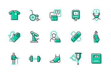 Health problems and medical supervision - set of line design style icons isolated on white background. Hospital equipment. Images of wheelchair, pregnancy, scales, doctor, patch, blood test