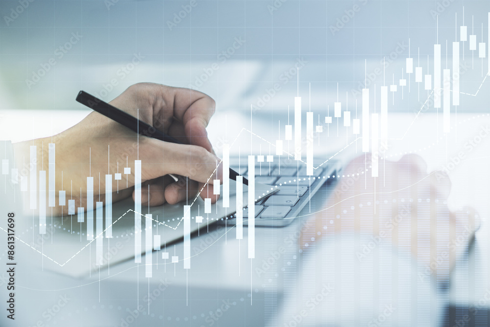 Poster double exposure of abstract creative financial chart with hand writing in notebook on background, re