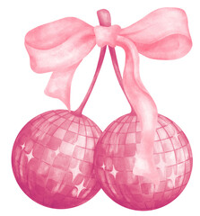 Retro Coquette Disco Ball Cherries Pink Bow Watercolor