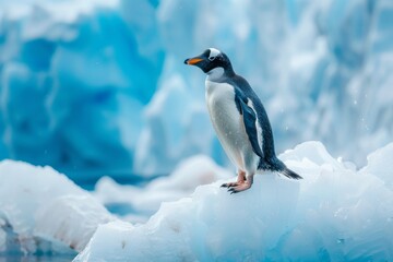 Naklejka premium Penguin standing on a beautiful blue iceberg.