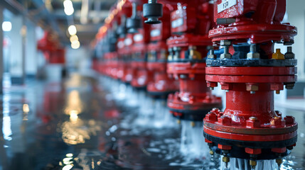 Red industrial fire sprinkler system actively releasing water, showcasing safety measures in large facilities and fire prevention.