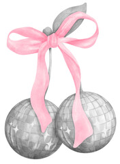 Retro Coquette Disco Ball Cherries Pink Bow Watercolor