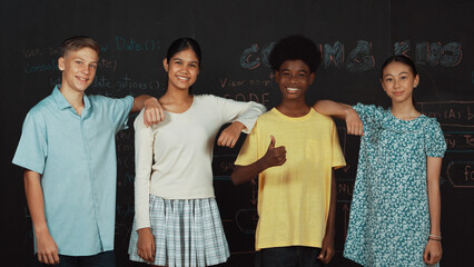 Group of smart multicultural teenager looking at camera at blackboard. Happy diverse children...