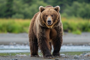 Obraz premium Portrait image of a brown bear hunting silver salmon in Lake Clark State Park in Alaska